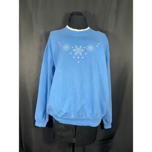 Vintage Woman's Holiday Blue Sweatshirt, Top Stitch, Embroidered Snowflakes